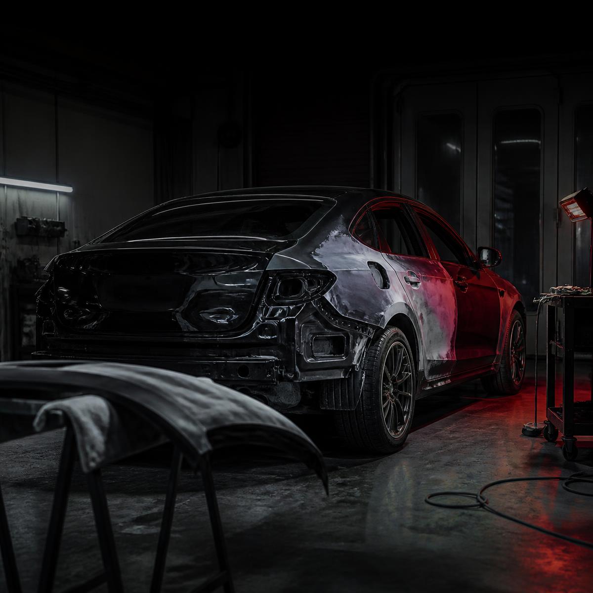 Dark collision repair bay with a car mid-repair under shop lighting