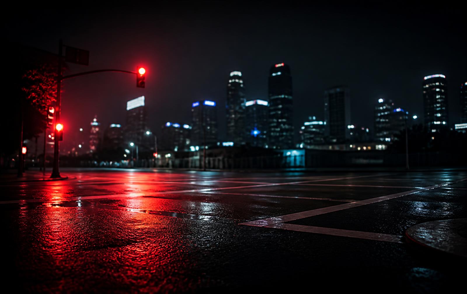 Wet city street at night lit by red emergency lights